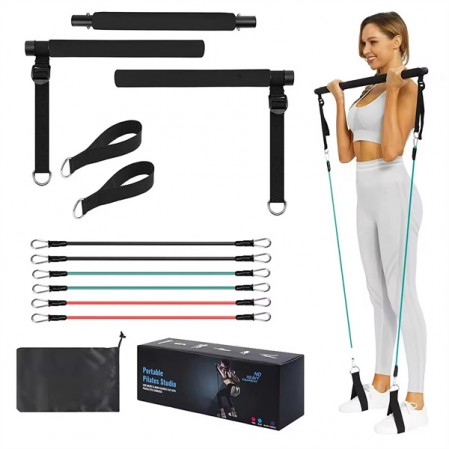 Pilates Bar Kit with Resistance Bands Portable 3-Section Sticks Bar