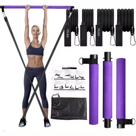 Pilates Bar Kit with Resistance Bands Portable 3-Section Sticks Bar