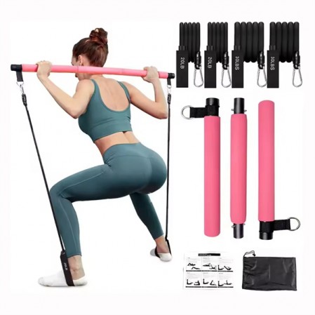 Pilates Bar Kit with Resistance Bands Portable 3-Section Sticks Bar